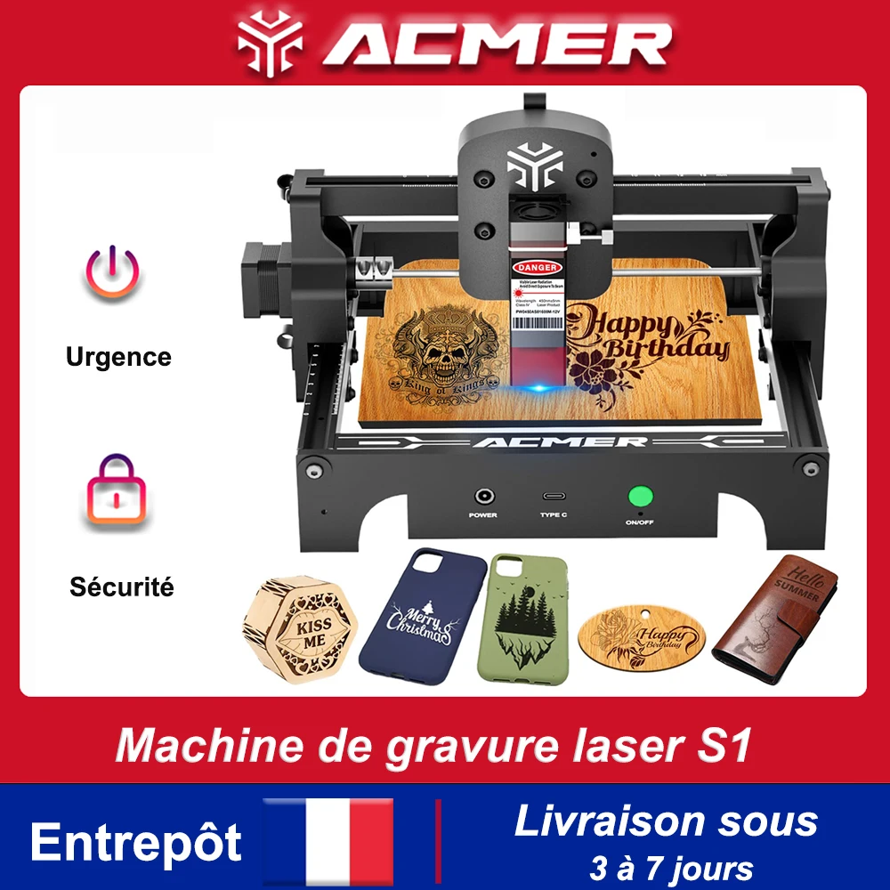 ACMER S1 Mini graveur Laser Portable haute précision CNC outils de coupe Machine de gravure bricolage pour Logo bois verre Acrylc débutant