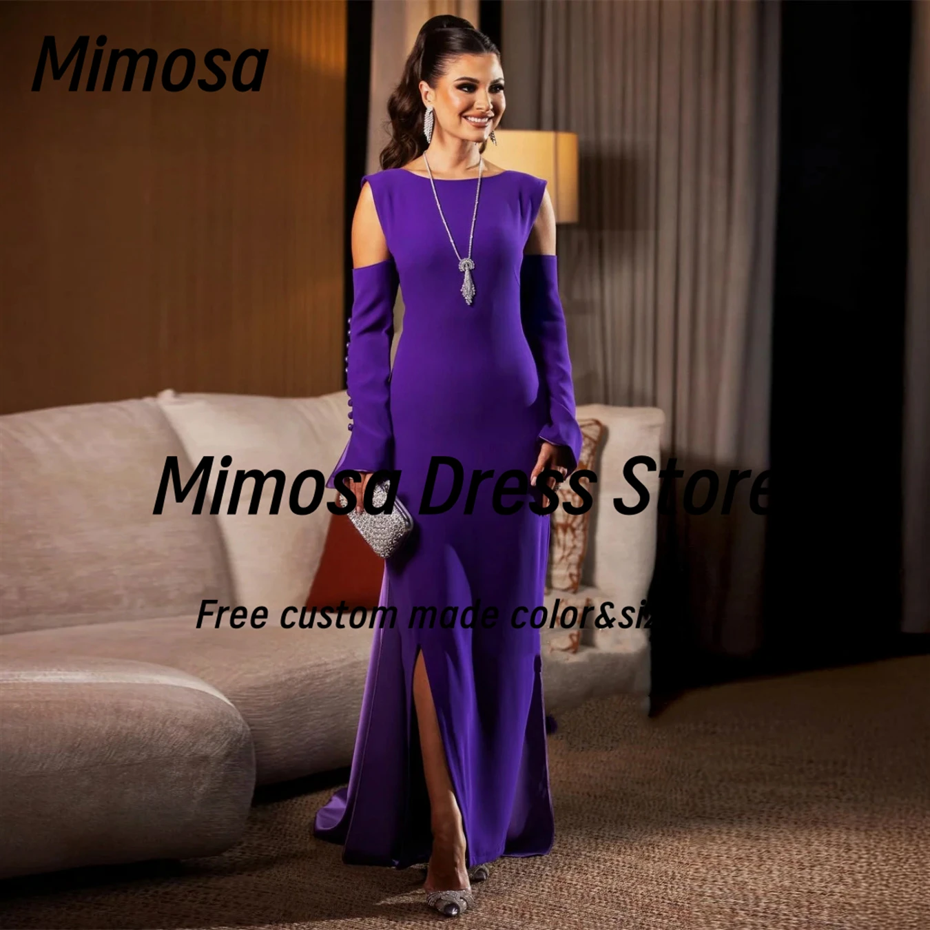 

Mimosa Платья для выпускного вечера с круглым вырезом и пуговицами Вечернее платье с длинными рукавами и открытой спиной, расшитое бисером и шлейфом, халаты De Soirée по индивидуальному заказу