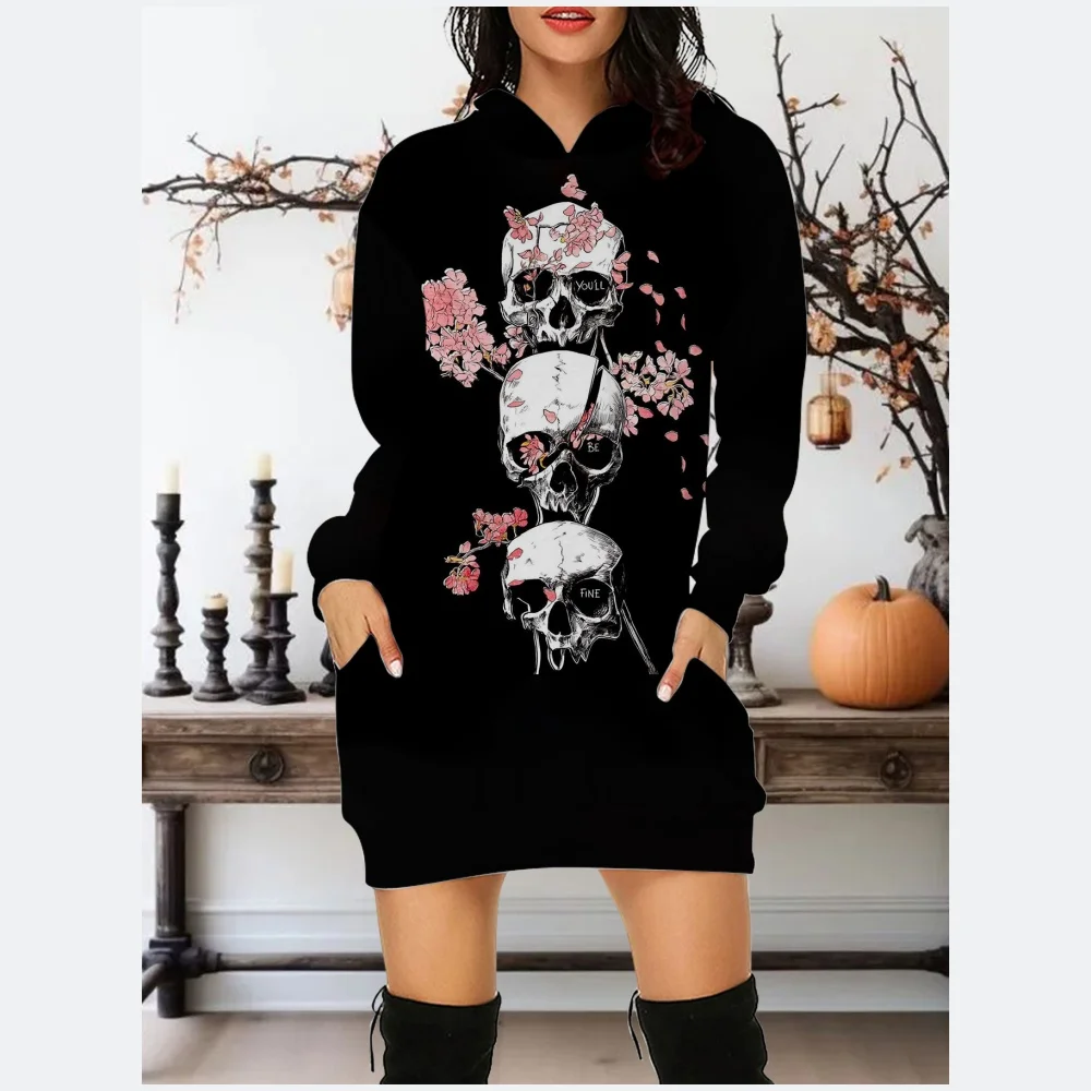 Halloween Clothes Long Sleeve Hoodies&Sweatshirts For Women Halloween Skull And Rose Print Party Sweatshirt Hoodie Mini Dress