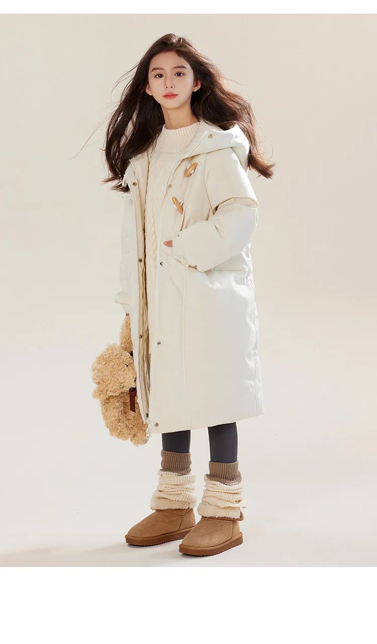90% weiße Entendaunen, Kinder-Langparka mit Kapuze und Hornschnalle, warmer Winter-Daunenmantel für Mädchen und Jungen A5122 – Detail 3