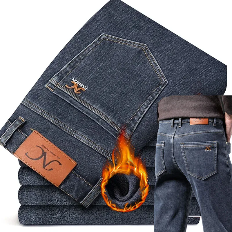 

Эластичные толстые мужские зимние джинсы, флисовые брендовые прямые удобные модные джинсовые брюки, винтажные бархатные теплые повседневные деловые брюки