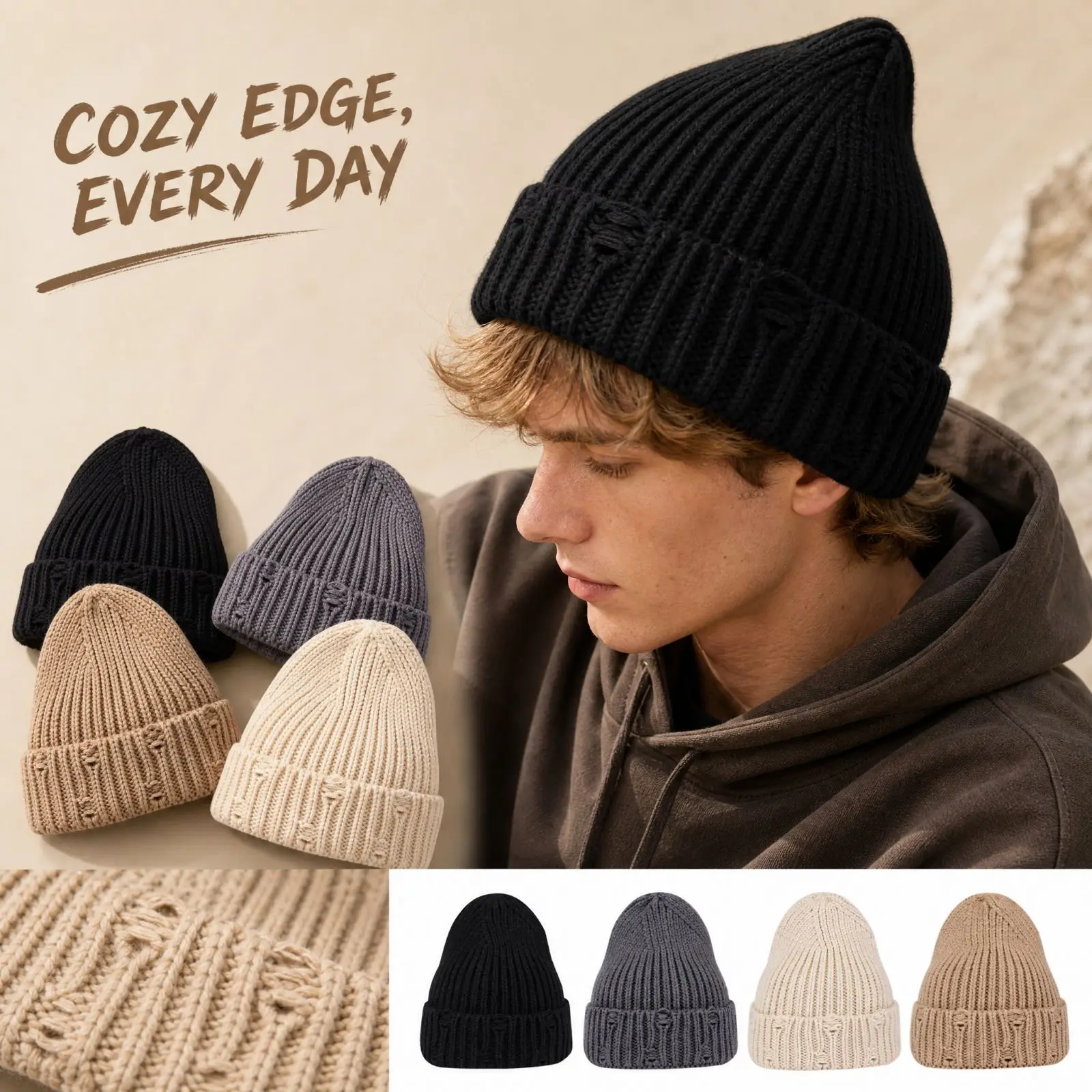 Ribbed Knit Beanie Hat Winter Warm Cuffed Cap Cozy Edge Embroidered Skull Cap Cold Weather Unisex Headwear Multiple Colors Soft