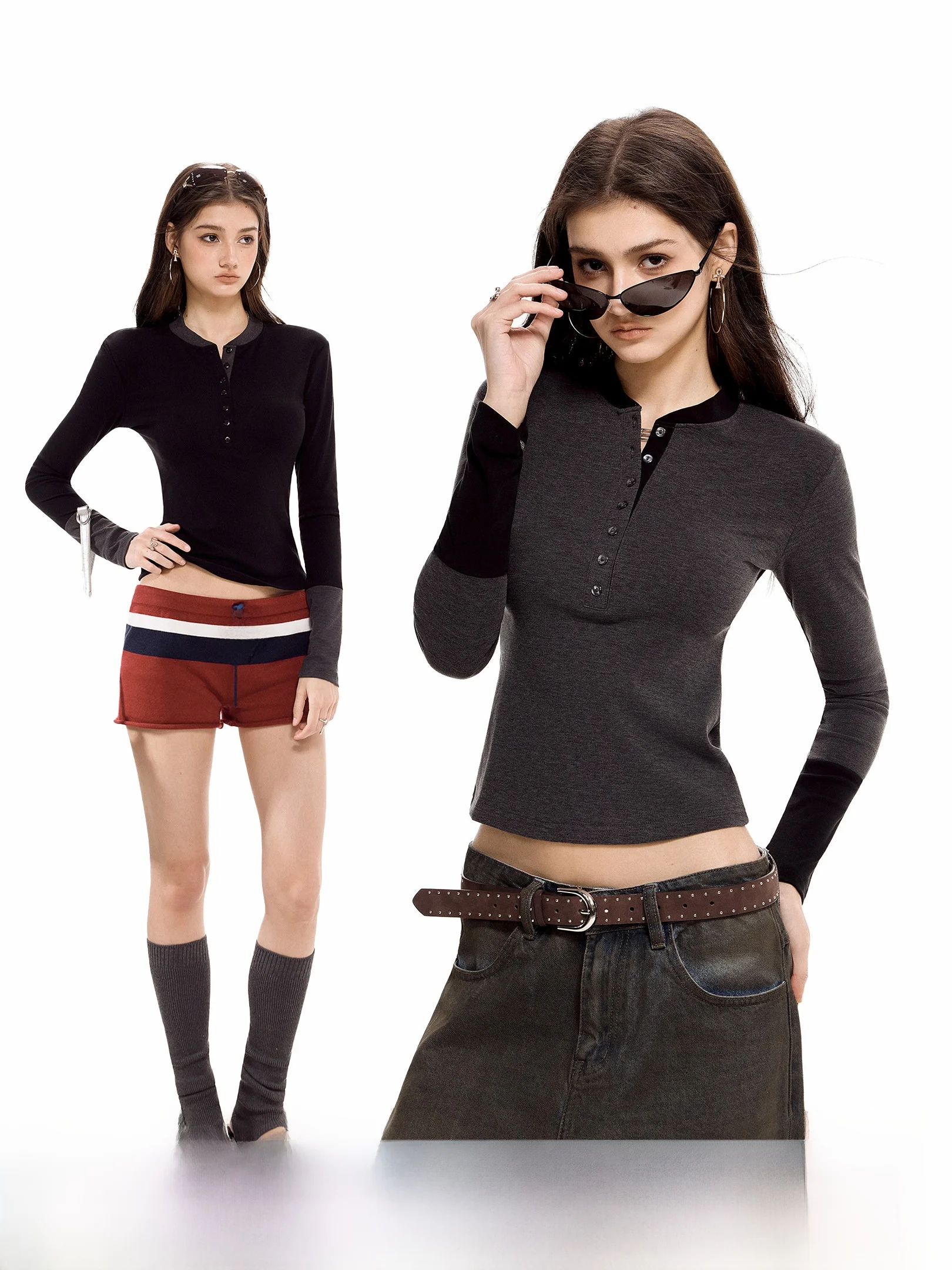 

Slim Fit American Sle T-irt ort Casual Long Sve Henry Collar Women's Spring New Faion Waist Cinched Top