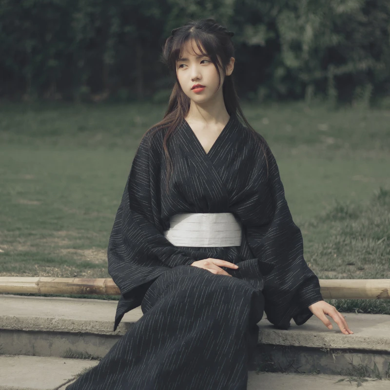 

Japanese Traditional Kimono Samurai Women Cosplay Black Striped Skirt Vintage Yukata Bow Cotton Pajama Dress CostumeFor Festival