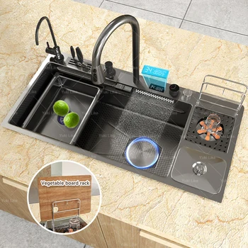 ステンレス製の滝の形をした台所の流し台,特大のエンボス加工されたボウル,まな板付きのシングルボウル,洗面台