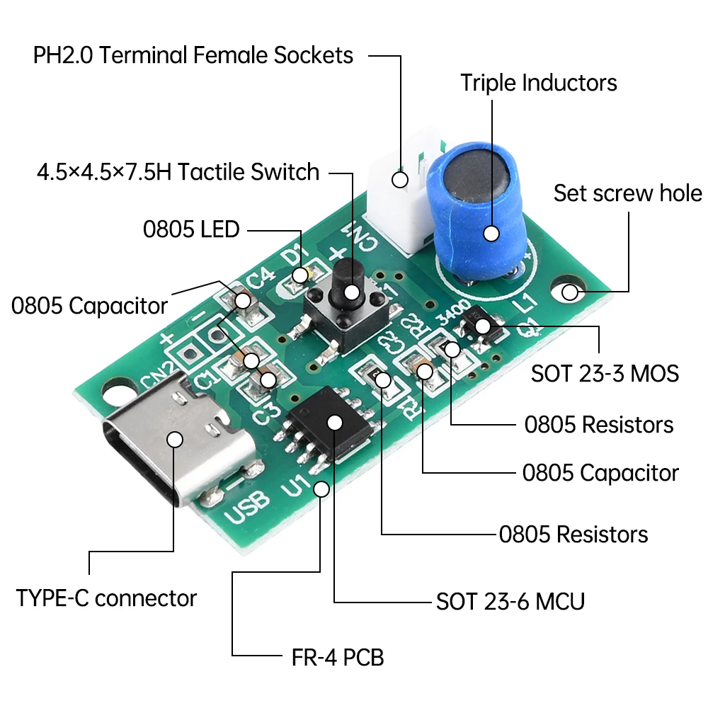 3 Stuks Dc 5V Ultrasone Spuit Luchtbevochtiger Verstuiver Aandrijfmodule Ultrasone Luchtbevochtiger Diy Pakket Bevochtiging Module TYPE-C