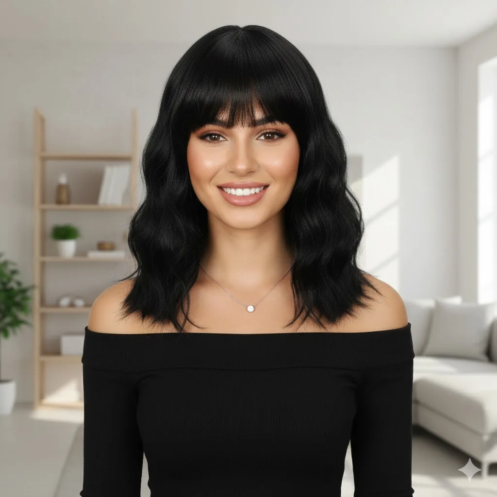 

Короткий волнистый черный парик-боб 14 дюймов с челкой для женщин, кудрявый парик-боб длиной до плеч с челкой, мягкие синтетические парики для волос