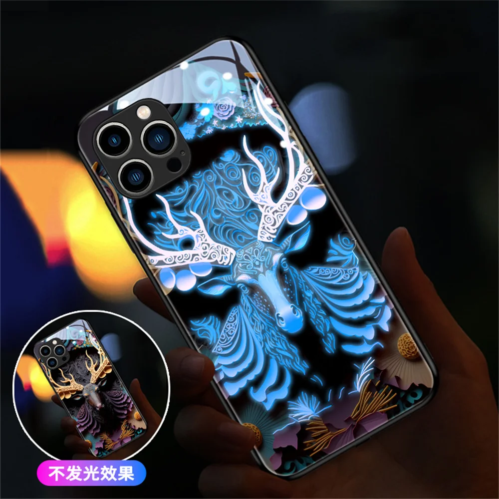 Buddha Origami Design LED Light Glow Luminous Glass Phone Case For iPhone 15 14 13 12 11 Pro Max X XR XS 6 7 8 Flashing Cover