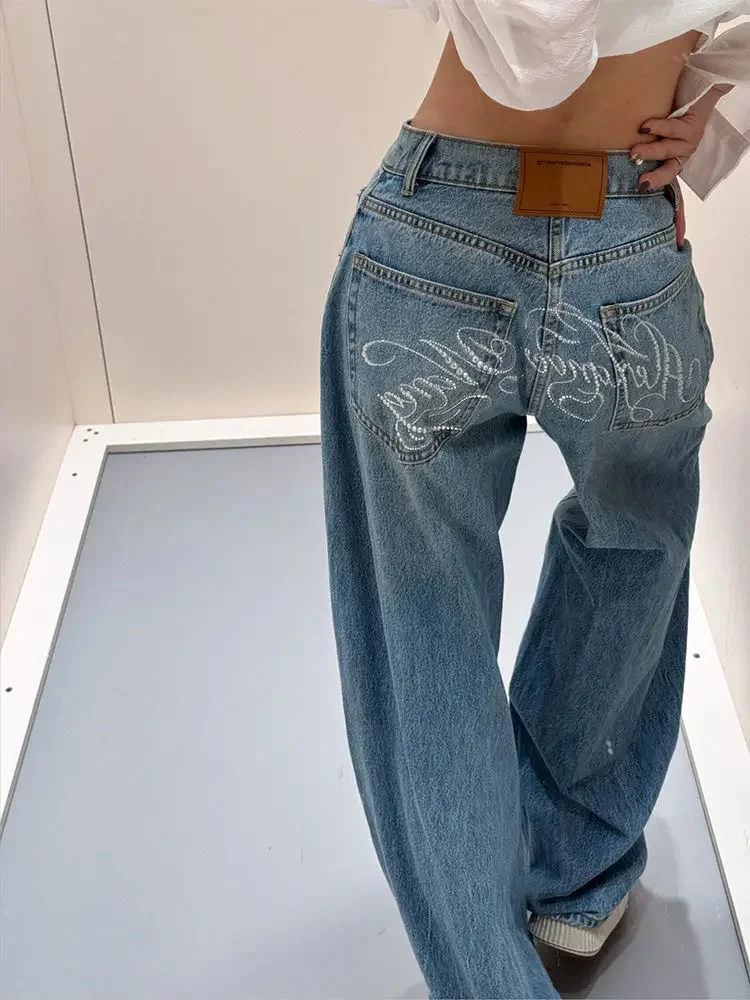 Chaud diamant lettres rétro fille chaude taille haute Vintage surdimensionné jean haute rue mode décontracté femmes ample jambe large eans