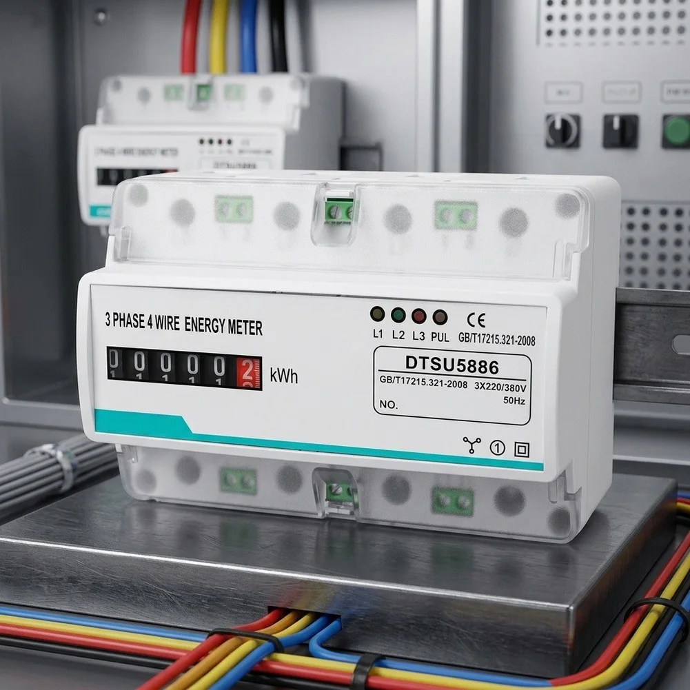 3-Phase 4-Wire 100A Rail-Mount Energy Counter Meter 220/380V, Class 1.0 Bidirectional For Distribution Panel