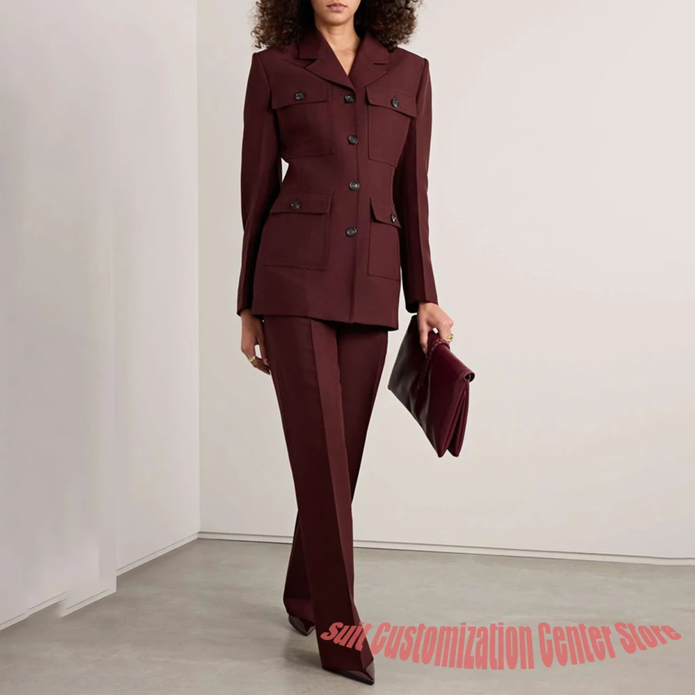 Abbigliamento moderno da donna bordeaux 2 pezzi blazer monopetto + pantaloni su misura set abbigliamento da lavoro formale con tasche con patta