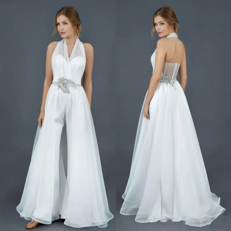 Elegant Halter Wedding Pants With Train Sexy Backless Jumpsuits Dress Women For Wedding Sleeveless Vestido De Novia