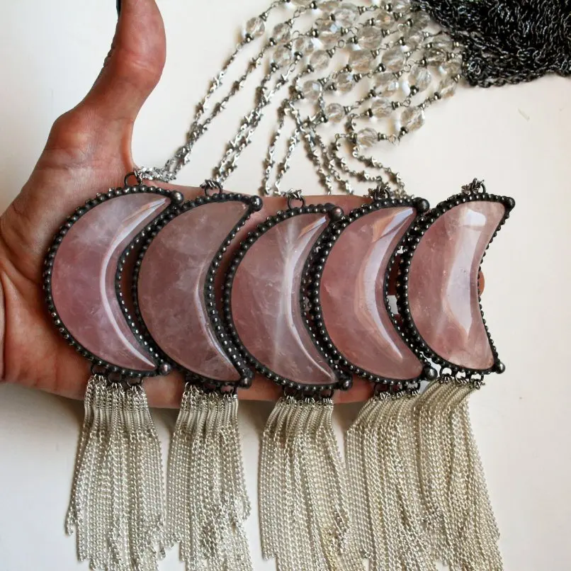 

Y2k Stainless Steel Arcane Collar Rose Quartz Moon Star Crescent Crystal Statement Necklace Wicca Witch Goth Tiki Jewelry