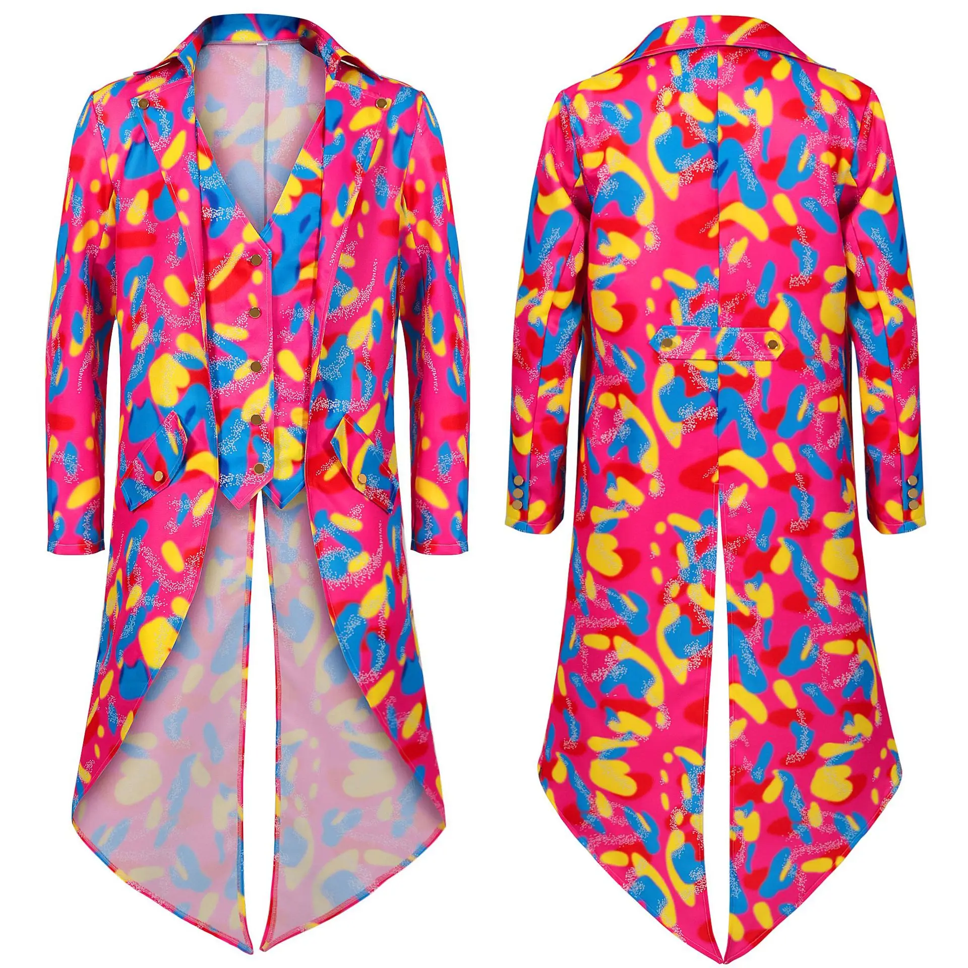 

New Men Medieval Pink Tailcoat Vintage Color Printing Cosplay Costume Fashion Colorful Disco Coat Halloween Carnival Party Coat