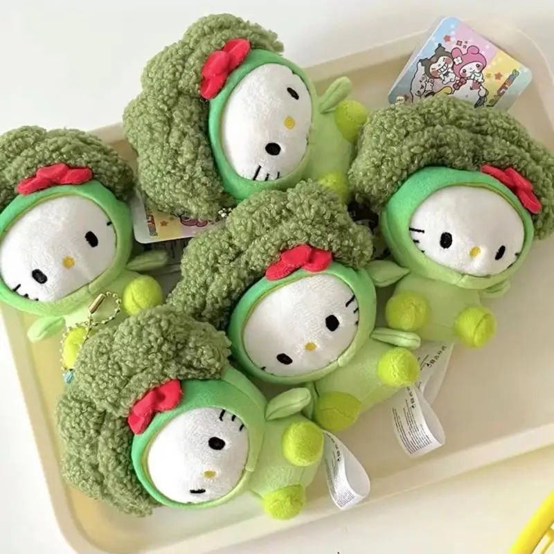 12Cm Kawaii Sanrio Hello Kitty Plush Keychain Pendant Anime New Cute Kitty Broccoli Plush Doll Backpack Pendant Gift