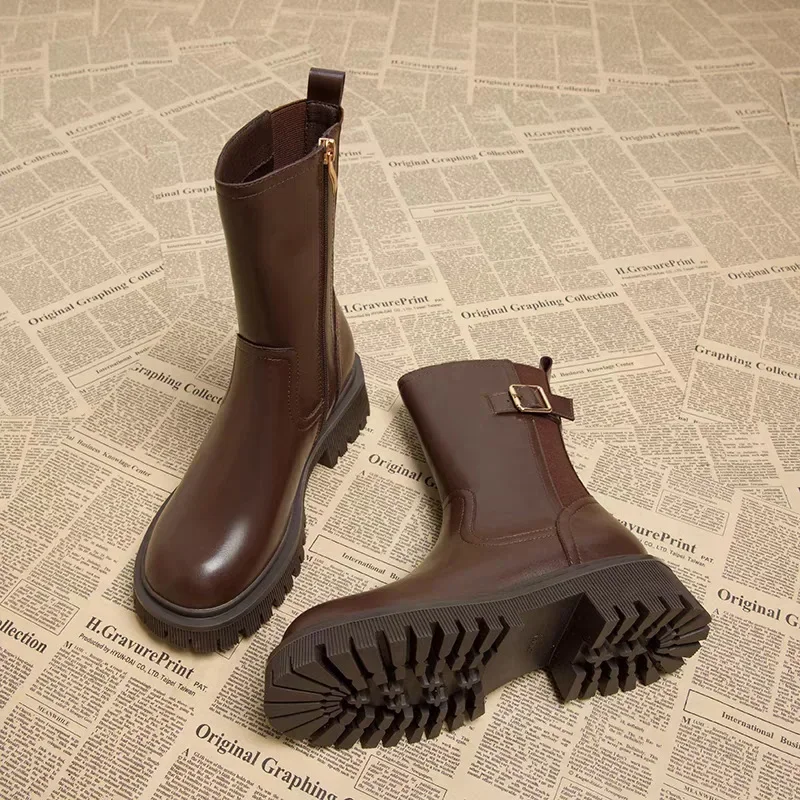 Botas de moto de piel auténtica para mujer, zapatos de plataforma plana, Botas cortas de punta redonda, color negro y marrón