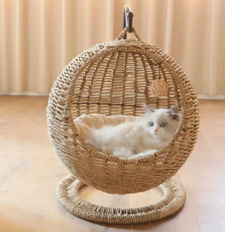 Semi-enclosed Pet Hammock Nest Cage Round Cat Hanging Cat Bed Basket Rattan Summer Hammock