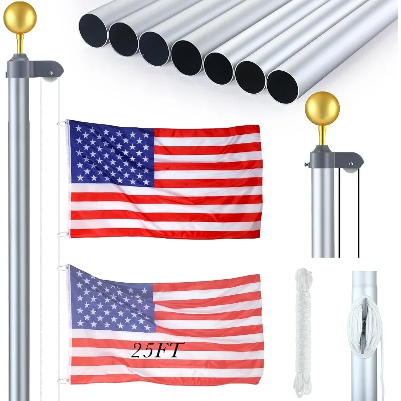 25 ft Sectional Flag Pole Kit Extra Thick 16 Gauge Heavy Duty Aluminum Flag Pole with Gold Ball Top in Ground Flagpole Outdoor