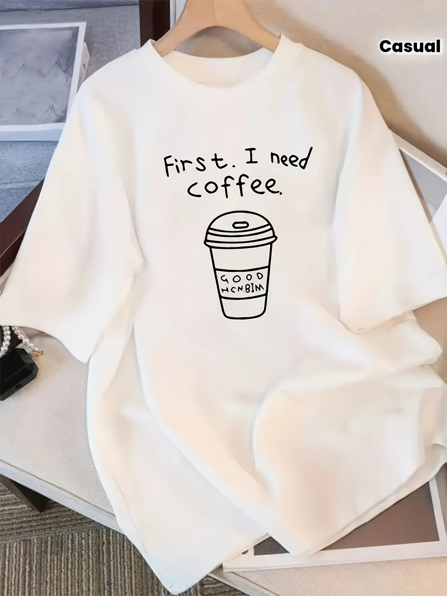 Women's Casual T-Shirt with Coffee First Print 90s Vintage Style T Shirt for Woman Graphic Gothic Tees Tops Y2k Clothes Female