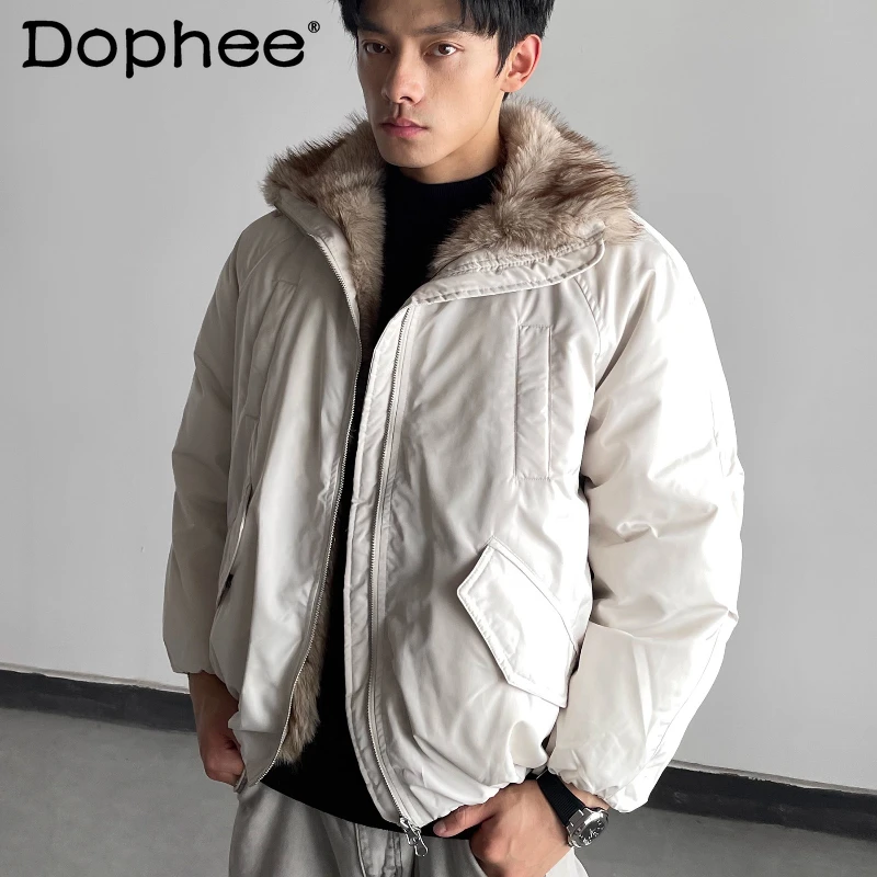 Men Women White Duck Down Faux Fur Collar Down Jackets Couple 2025 Winter New Trendy Coats Warm Thickened Solid Color Down Coats