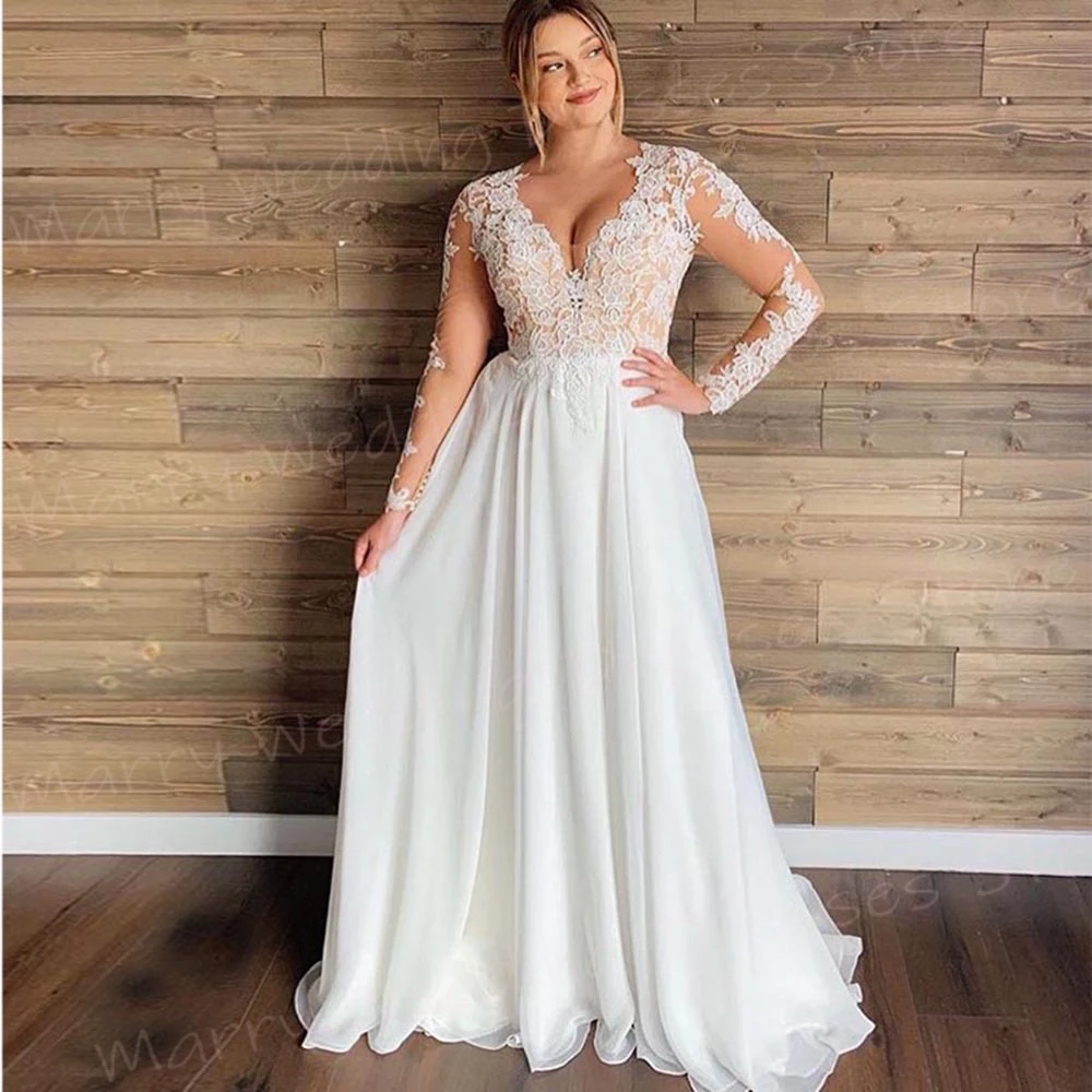 Boho Charming V Neck A Line abiti da sposa da donna New Classic Lace Appliques abiti da sposa manica lunga bottone Vestidos De Novia