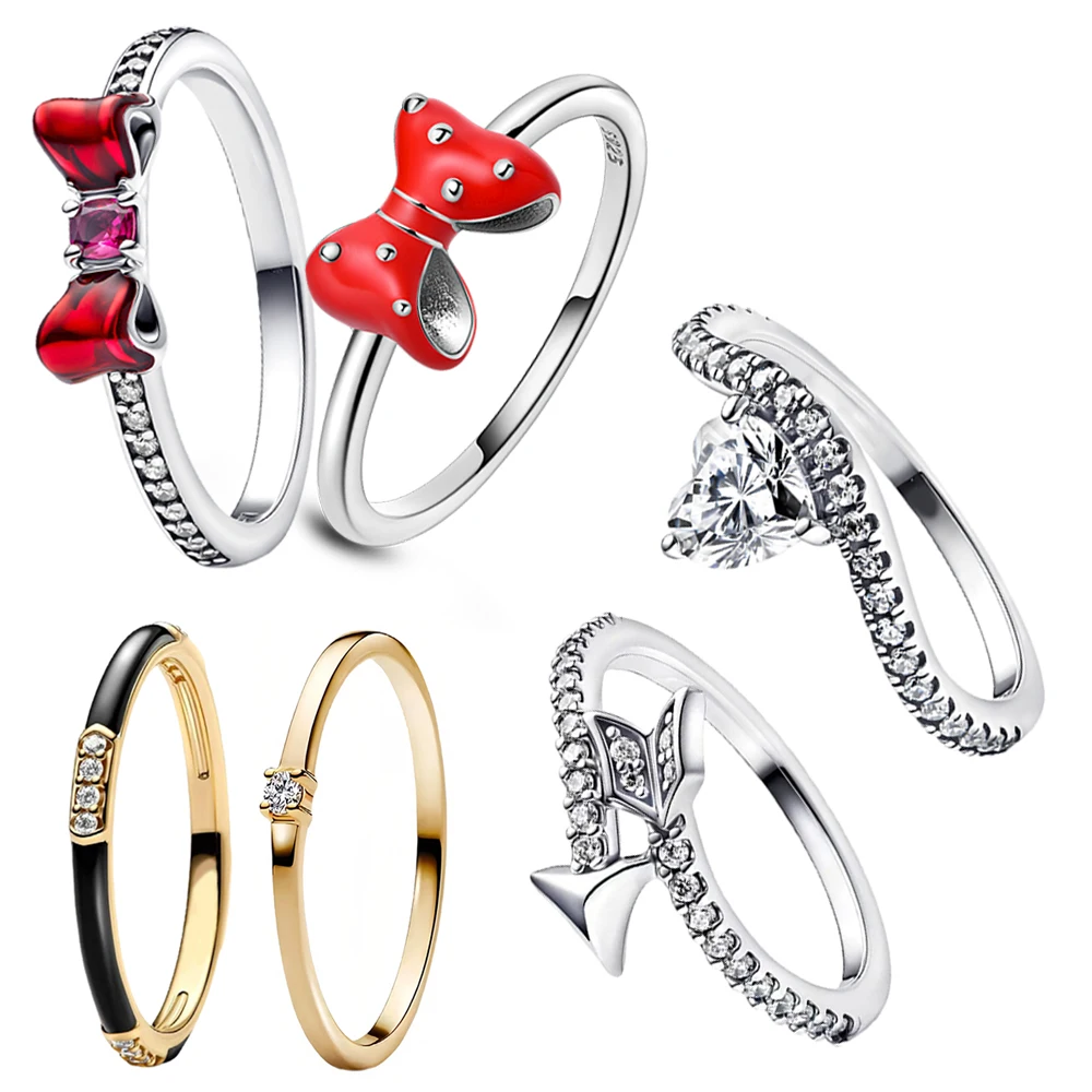 New 2025 925 Sterling Silver Shining Zircon lucky Arrow&Red Bow&Minimalist Ring Couple Love Jewelry Accessories