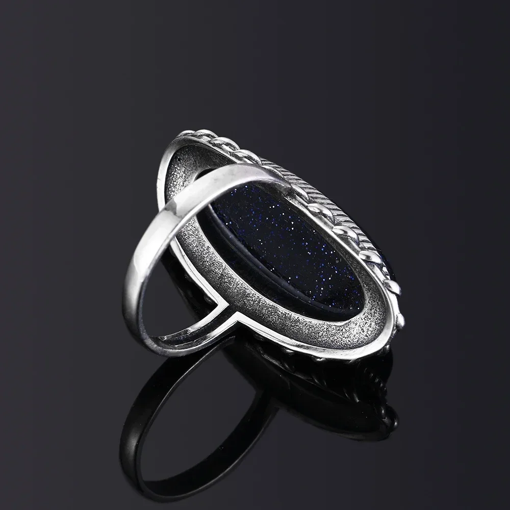 Women's Retro Silver Vintage Blue Sandstone Ring, 925 Sterling