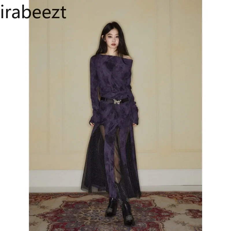 Ladies Dresses Design Sense Purple Skew Collar Long Sleeve Waist Retraction Gauze Spliced Sexy Slim Fitting Skirt Women Clothing