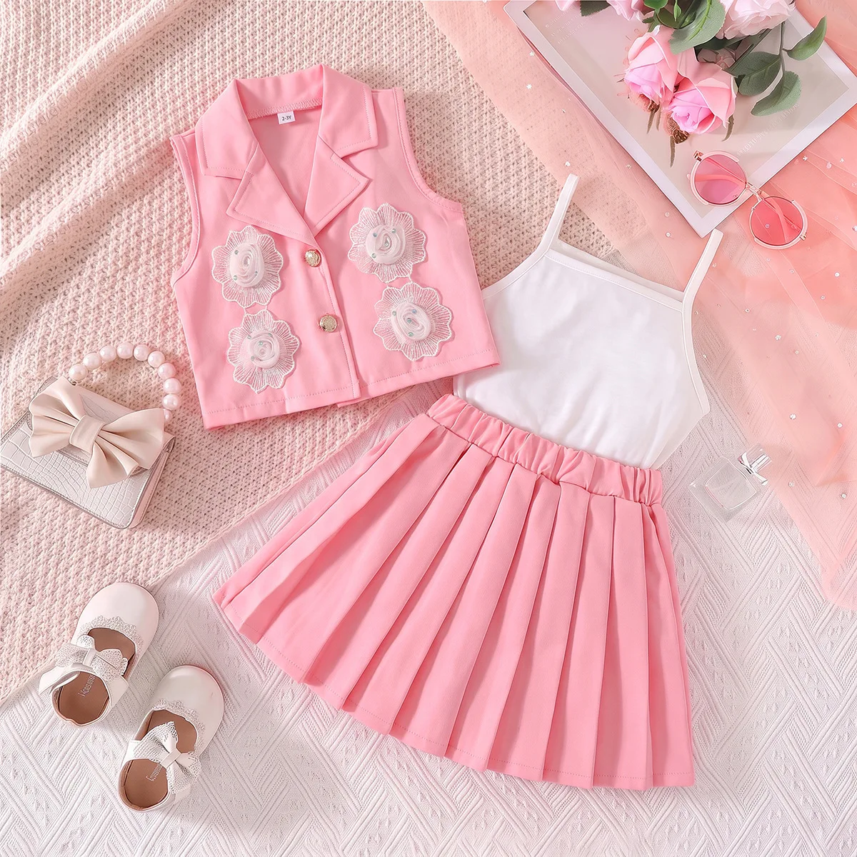 Girls 3pcs Summer Outfit Set Sleeveless Vest Spaghetti Strap Cami Top Elastic Waist Pleated Skirt Kids Casual Clothing ZZ12