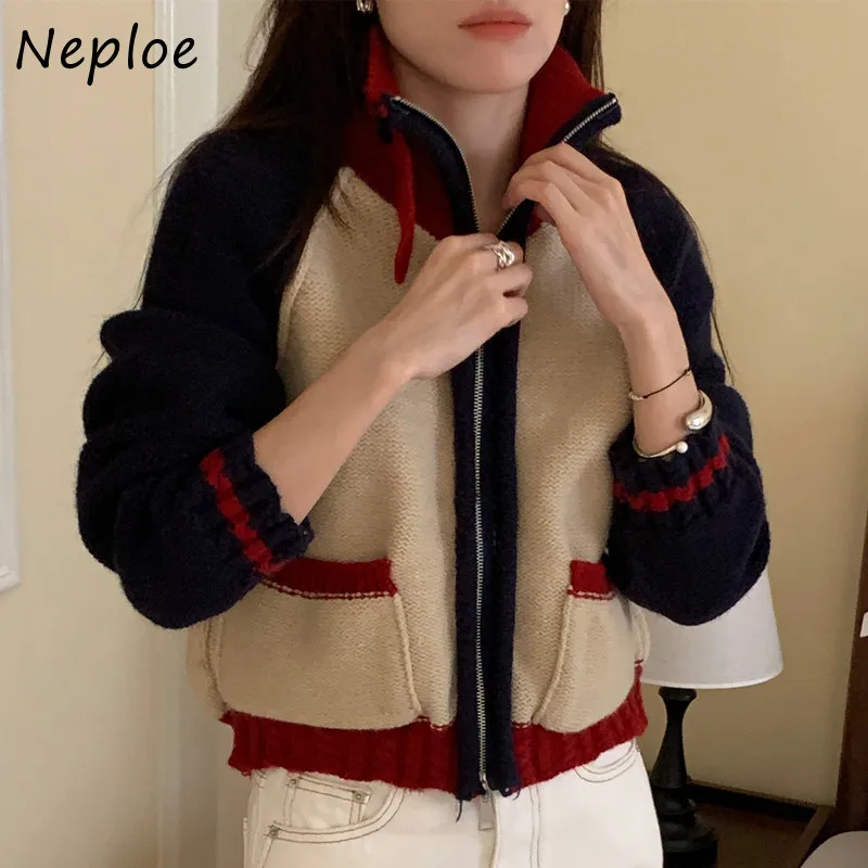 Neploe 2024 Autumn Winter Vintage Temperament Knitted Cardigan Femme Contrasting Color Double Zipper Skiing Soft Sticky Sweater