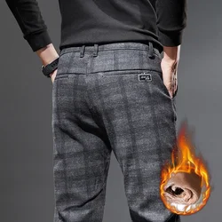 Autumn Winter Soft Cotton Fleece Lattice Casual Pants Men Business Slim Fashion New Warm Straight Trousers Plus Size 28-38