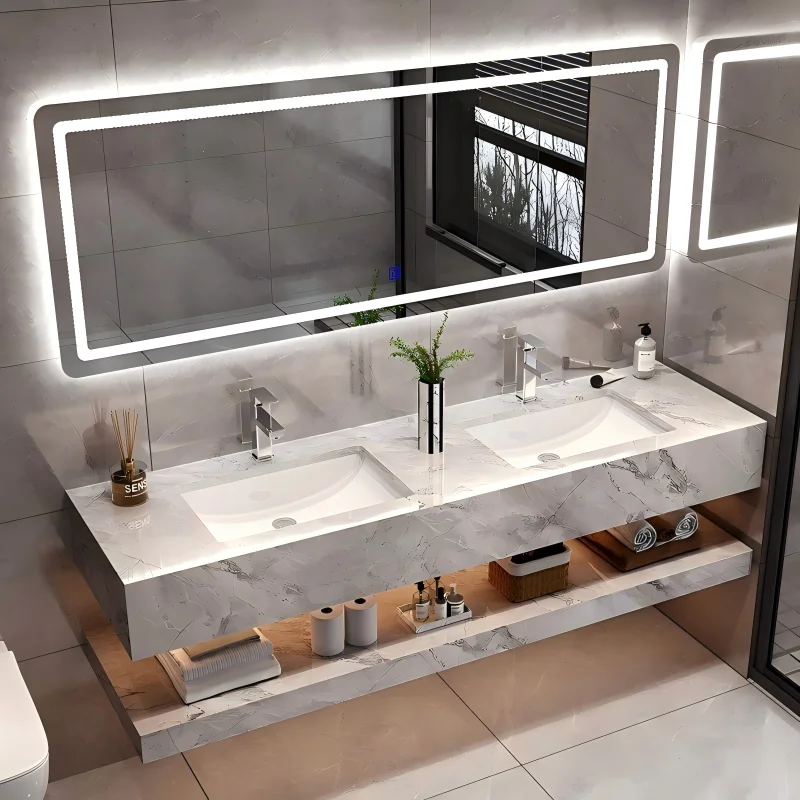 

Hot Sale Modern Double Floor Hotel Apartment Bathroom Vanity Waterproof Marble Basin Sink With Wall Mount Smart Mirror Villa