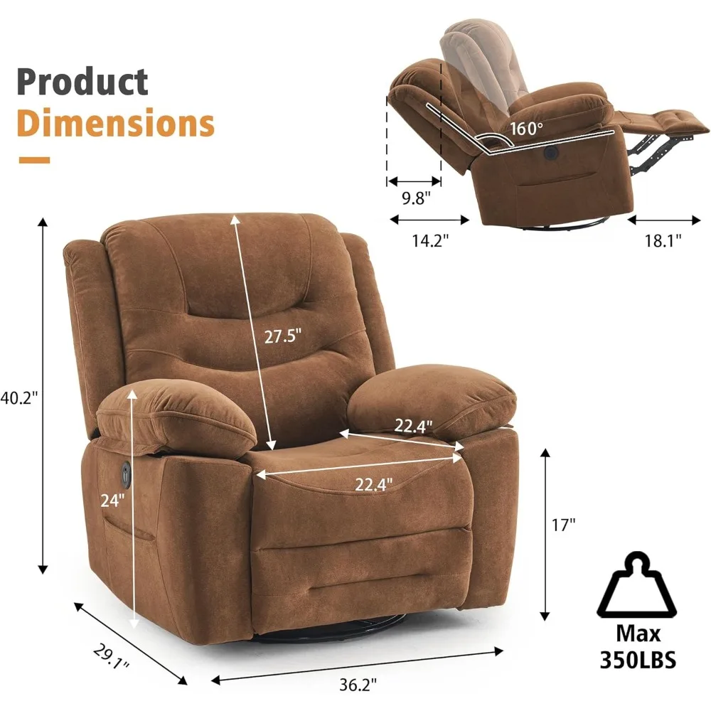 Large Power Swivel Rocker Recliner with Massage and Heat, USB Port,Upholstered Soft Fabric Reclining Sofa Chair free shipping