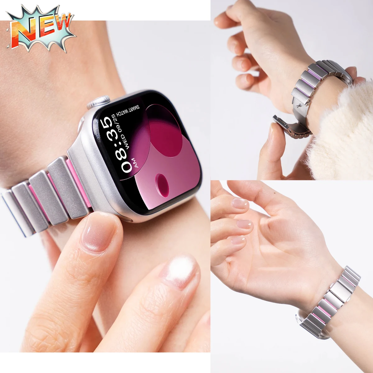 

Ремешок из нержавеющей стали с резиновым покрытием для Apple Watch Series 10 11 42 мм, магнитный браслет для Iwatch 9 8 7 41 мм, 6 5 4 3 2 40 мм 38 мм