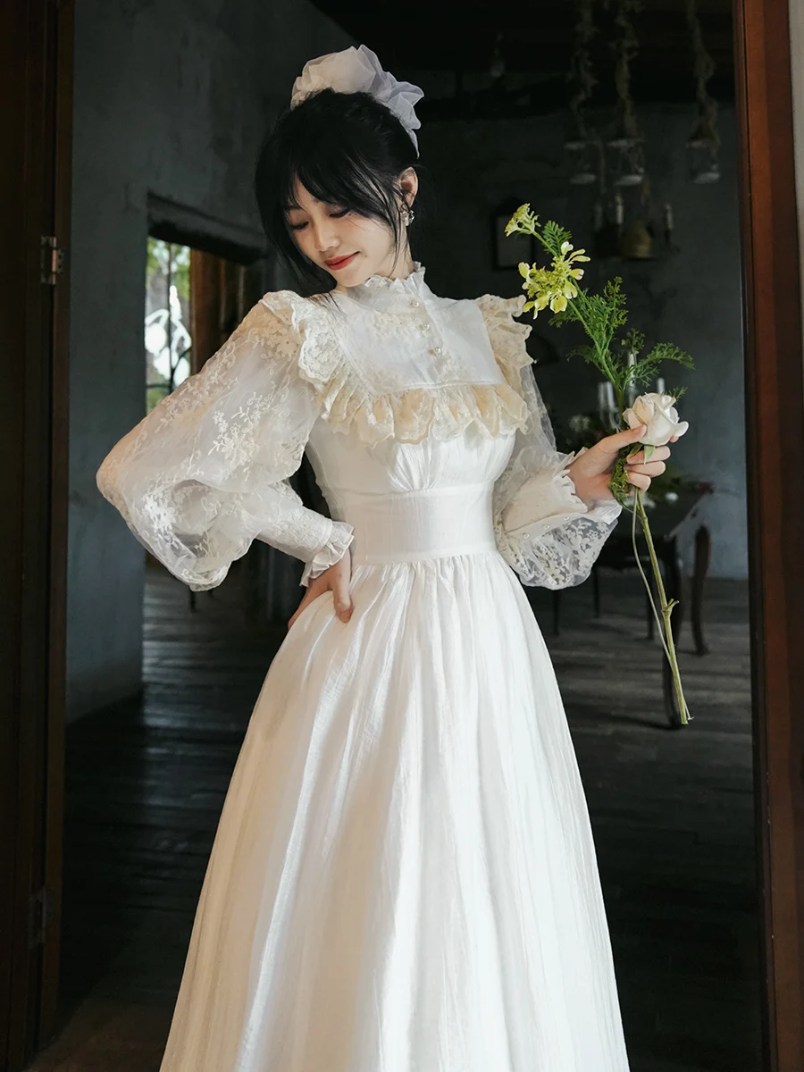 TIYIHAILEY 春秋 レディース ホワイトドレス フルランタンスリーブ ロングマキシワンピース S-XL ヴィンテージ ハイウエスト 2025新作 レース リヨセル