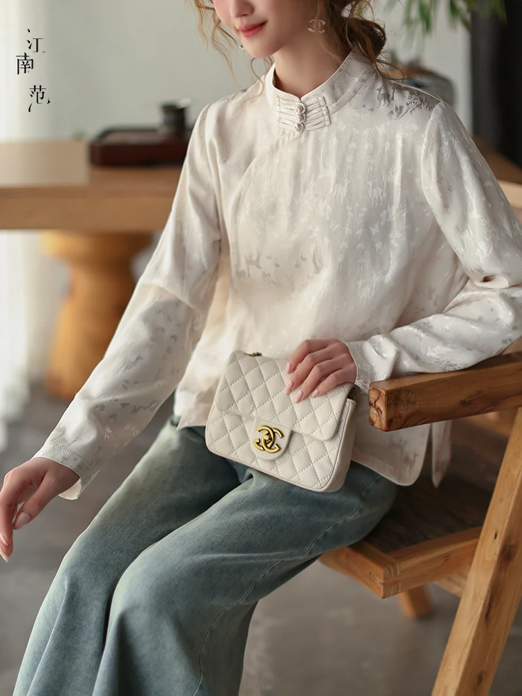 

Jiangnan Style Young Fashionable White Improved Version Tang Suit Shirt Loose Long Sleeve Stand Collar Embroidered Traditiona...