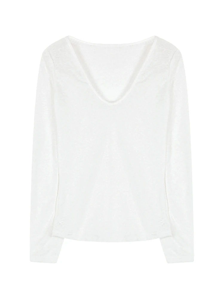 Blanc V-Ne Long Sve haut tricoté coupe ample conception mince décontracté Sle début d'automne nouveauté femmes T-shirt Polyester Co...