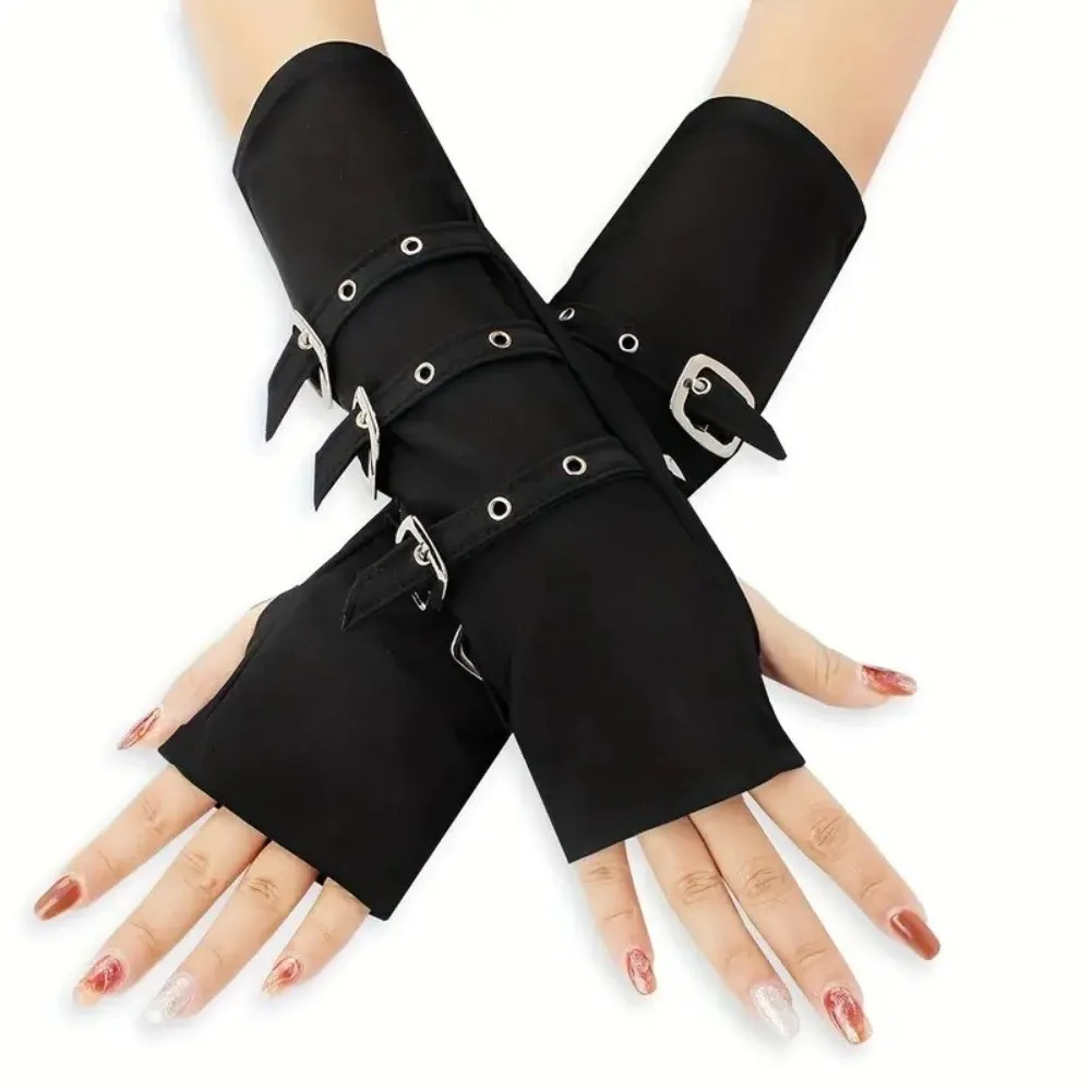 Creative 30cm Fingerless Gloves Punk Style Personality Arm Sleeves with Buckle Straps Gloves Cosplay Stage Performances