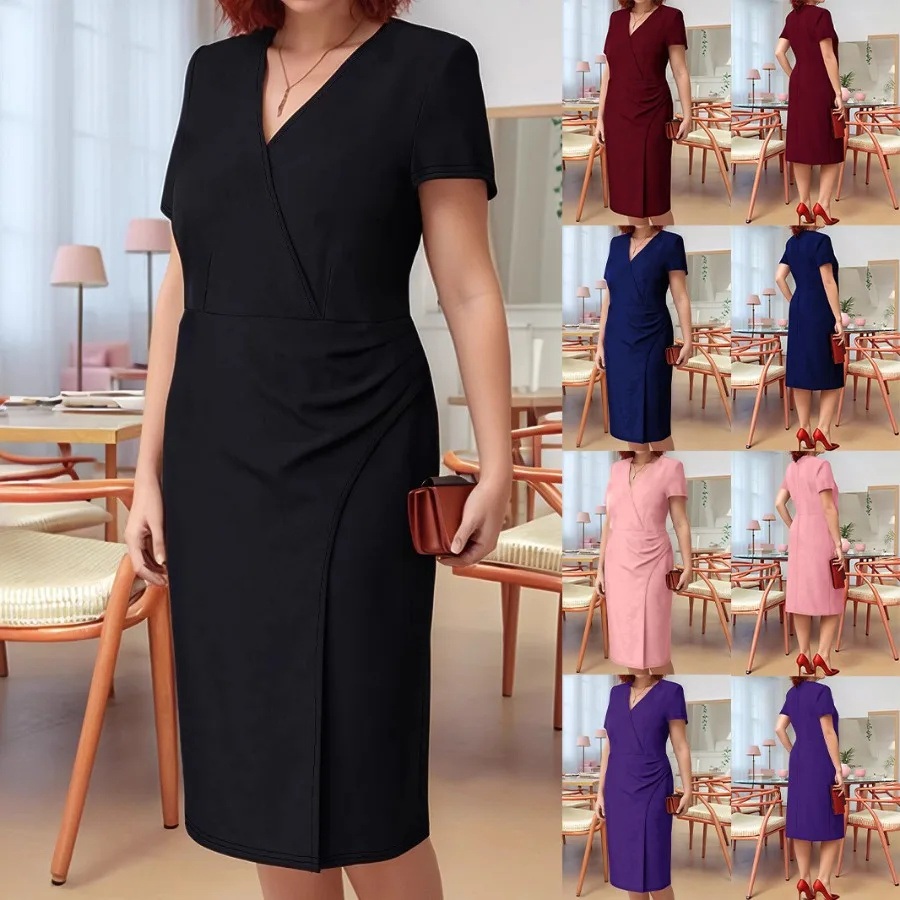 

【New style】2026 spring and summer women's clothing pure color elegant short-sleeved loose large-size dress