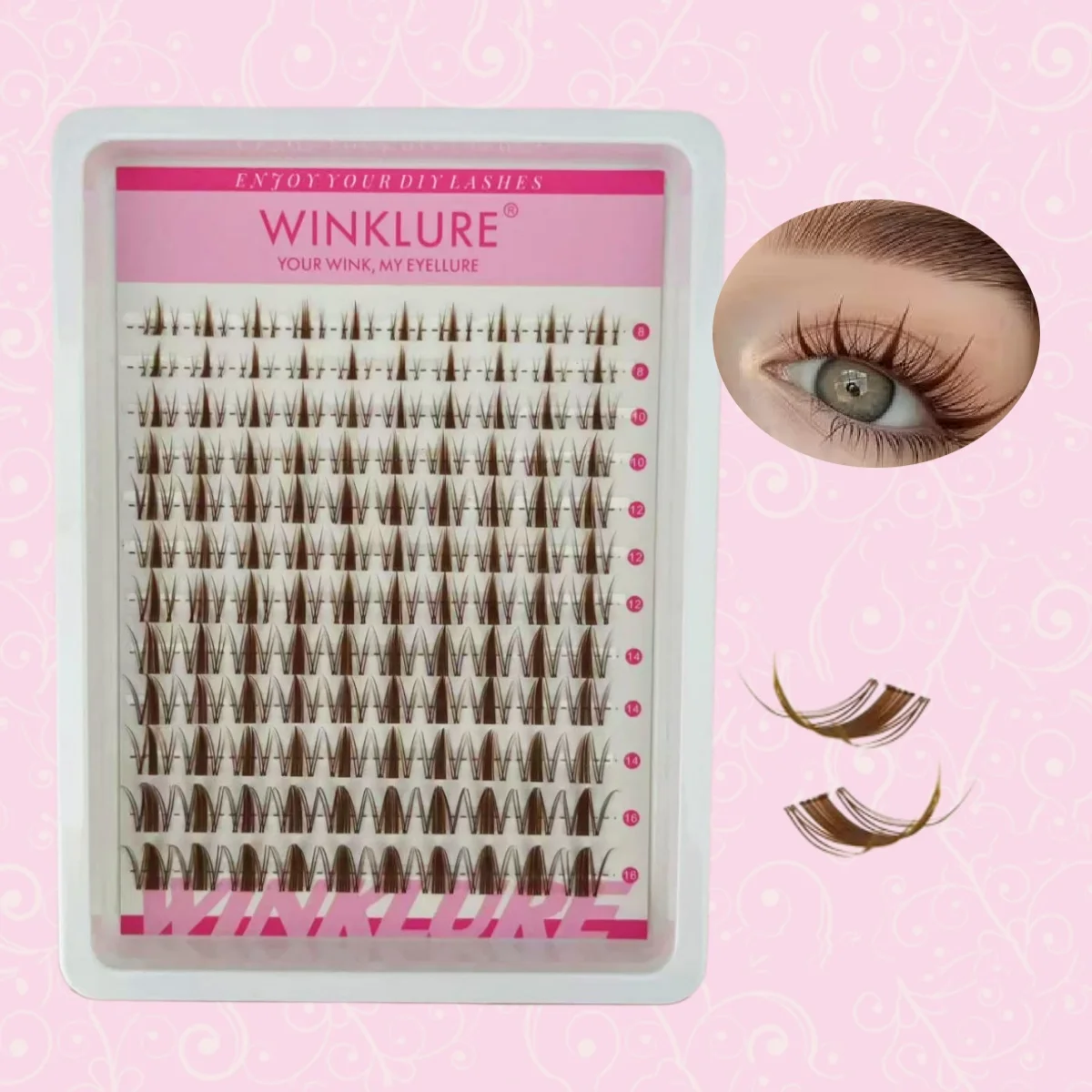 WINKLURE Braune Wispy Lash Clusters, gemischte Länge, C-Curl, flauschige Wimpernverlängerungen mit transparentem Stiel, natürlich aussehend, individuell anpassbar. – Detail 4