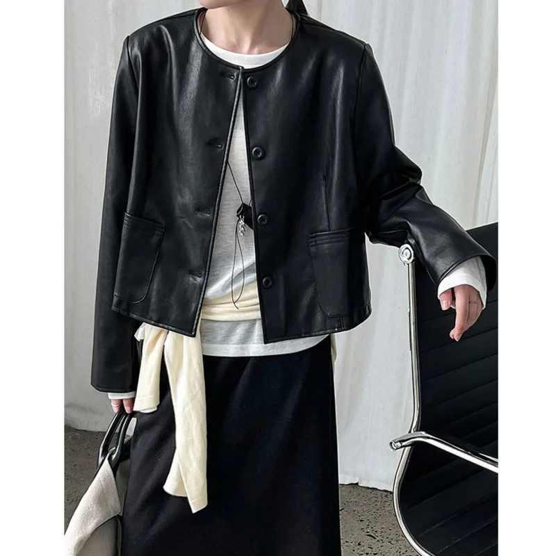 

Осенняя женская короткая куртка из искусственной кожи с круглым вырезом, однобортное корейское свободное повседневное короткое пальто