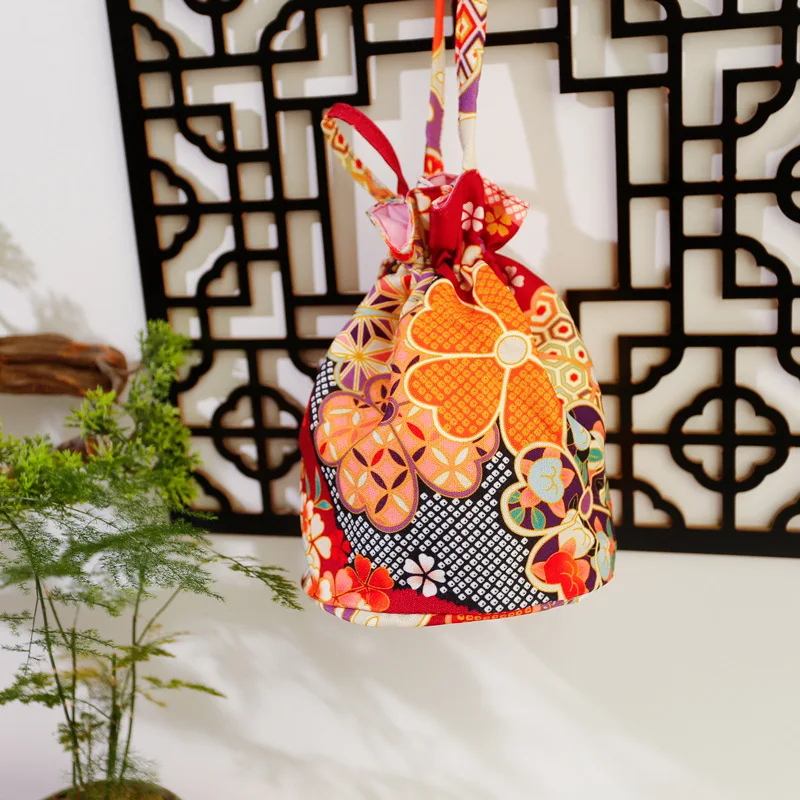 Japanese Style Mini Portable Knot Wrist Bag Women Simple Purse Handbags Drawstring Bucket Bag Shopping Bag Phone Key Pouch