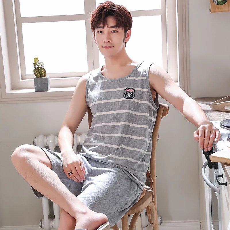 Summer Pajamas Sleeping Suits for Men Fashion Male Sleepwear Classy Striped Pijamas Hombre Grey Pyjamas Vest Home Clothes 4XL