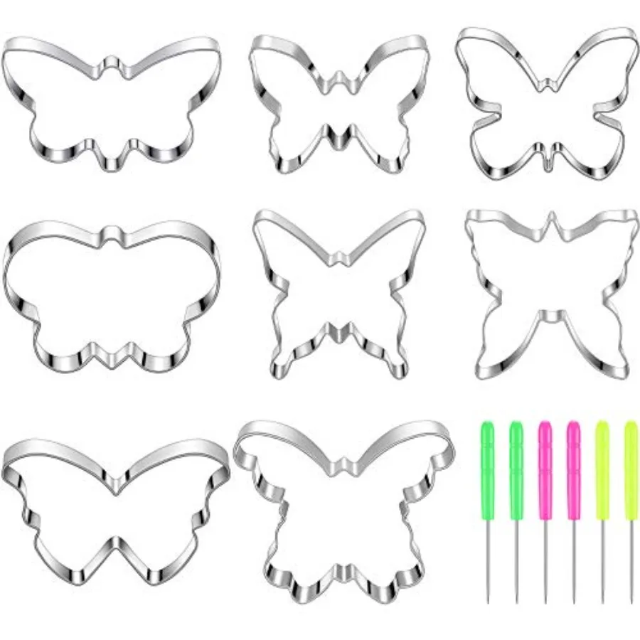 Juego de cortadores de mariposa Ce de 8 piezas, molde cortador de galletas de Metal de acero inoxidable y 6 piezas de pasadores agitarios de azúcar para sándwich Choco