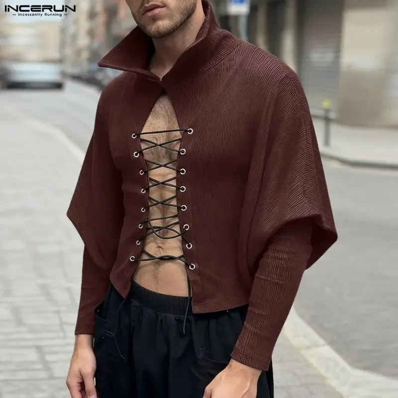 

INCERUN Men Shirt Solid Color Lapel Long Sleeve Lace Up Men Clothing Streetwear Hollow Out Sexy Fashion Crop Tops Camisas S-5XL