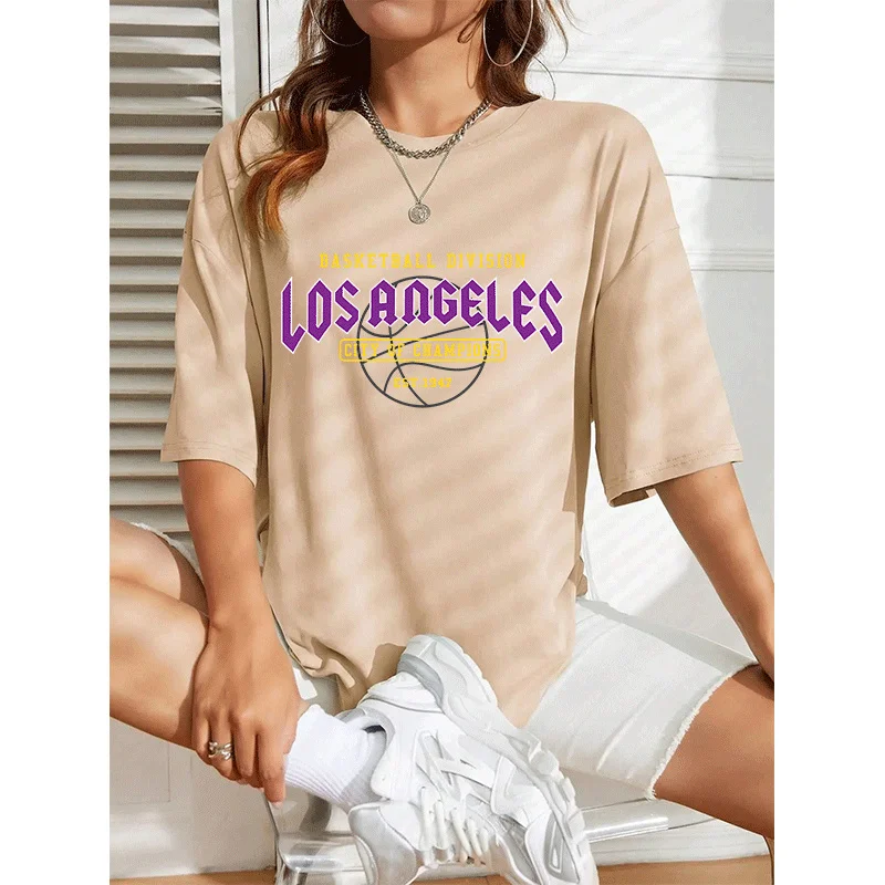 

Los Angeles Basketball Letter Print Tee Shirt Men's Women Harajuku Korean TShirts Summer Fashion Solid Color Cotton Tshirt Tops