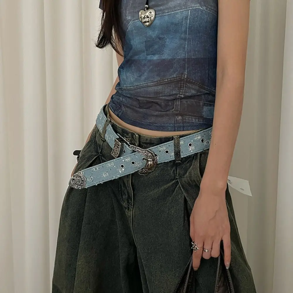 

Fashion Korean Style Retro Jeans Belt Y2k Black Denim Metal Buckle Belts Punk Harajuku Vintage Wide Belt Lady