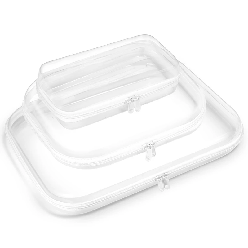 

3 Pack Zippered Hard Pouch, Clear Plastic Storage Box Containers Small Toiletry Bag, Clear Hard Shell Zipper Case