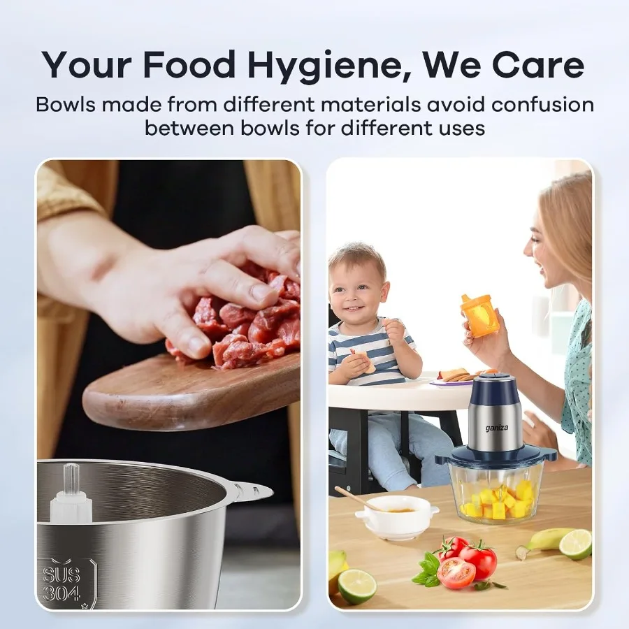 家庭用電動フードプロセッサー、ミートグラインダーと野菜チョッパー一体型、デュアル8カップボウル搭載、ハイパワー