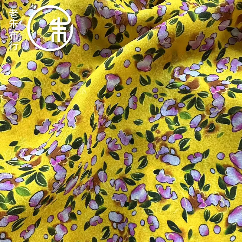 Yellow Bottom Pink Peach Heart Floral Print Silk Silk Crepe De Chine Fabric Non-Elastic Summer Dress Top Fabric